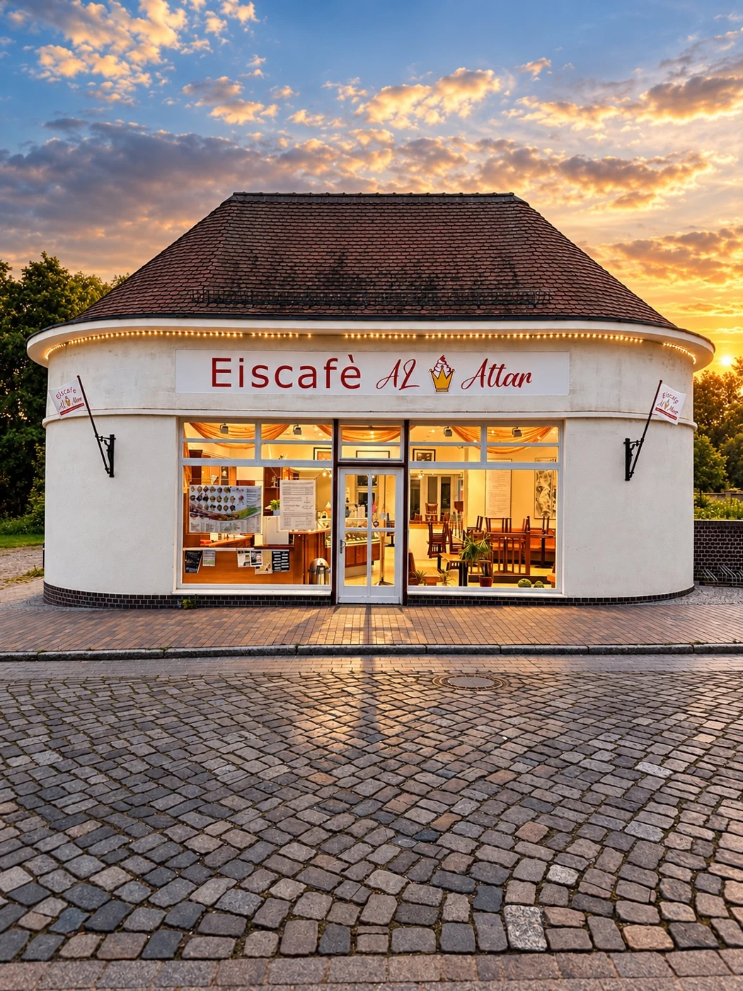 Außenansicht des Eiscafés im Abendlicht