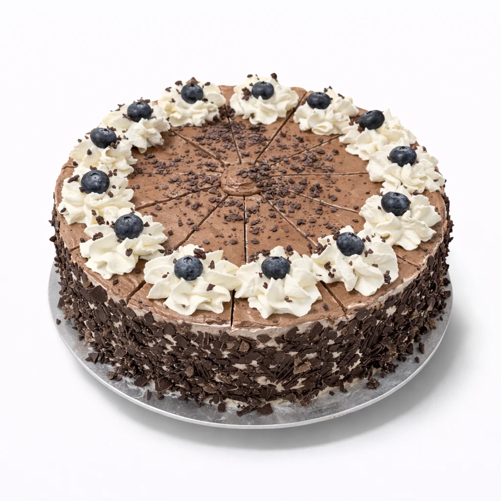 Torte mit dunkler Creme, heller Dekoration und Heidelbeeren